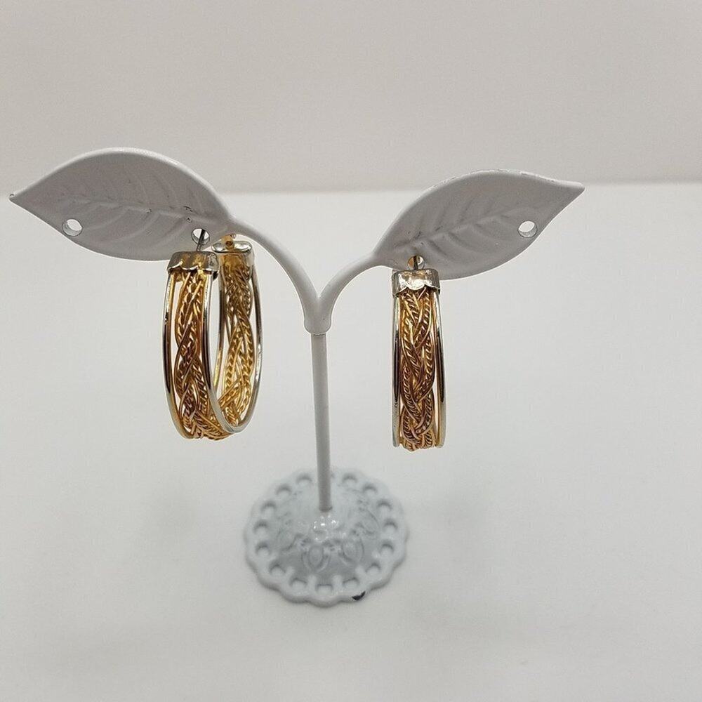Vintage Braided Gold Tone Hoop Earrings, Hinged Clasp, 1 3/8 Inch Length